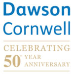 The logo for Dawson Cornwell. 'Dawson Cornwell' is written in blue. A gold line is underneath, and underneath this the text says 'Celebrating 50th year anniversary' in gold capital letters.