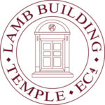 The logo for Lamb Building. There are two circles, forming a ring, around a line drawing of a door. Inside the ring are the words 'Lamb Building' at the top and 'Temple EC4' at the bottom. Everything in the logo is dark red on a white background.